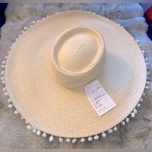 New Gyal Bashy Cream Wide Brim Straw Hat with Light Baby Blue Pom-Poms O/S